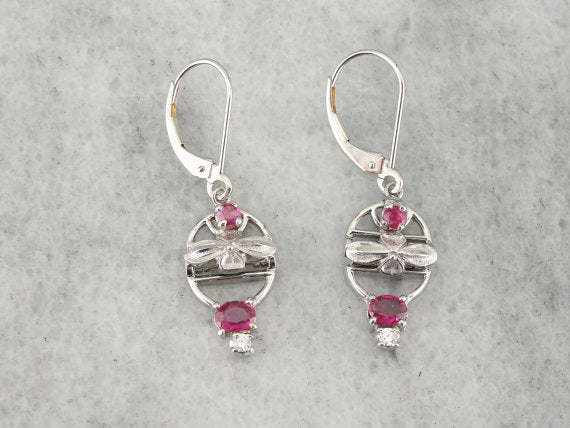 Platinum and Ruby Retro Era Drop Earrings