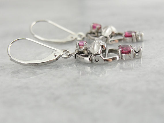Platinum and Ruby Retro Era Drop Earrings