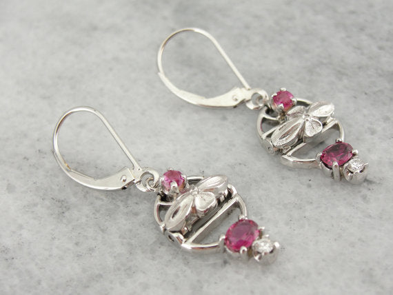 Platinum and Ruby Retro Era Drop Earrings