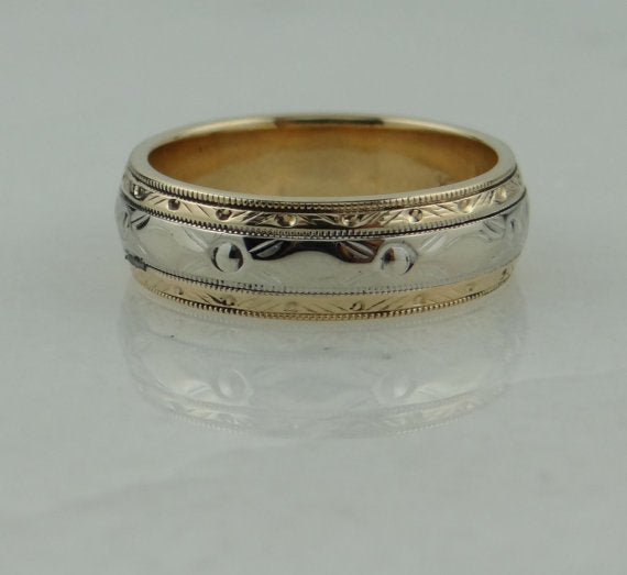 Vintage Patterned Two Tone Gold Wedding Band