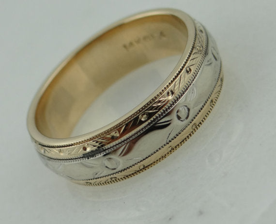 Vintage Patterned Two Tone Gold Wedding Band