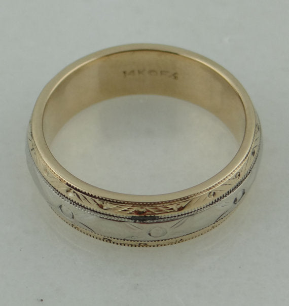 Vintage Patterned Two Tone Gold Wedding Band