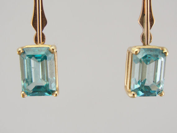 Emerald Cut Blue Zircon Gold Bar Drop Earrings