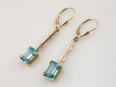 Emerald Cut Blue Zircon Gold Bar Drop Earrings