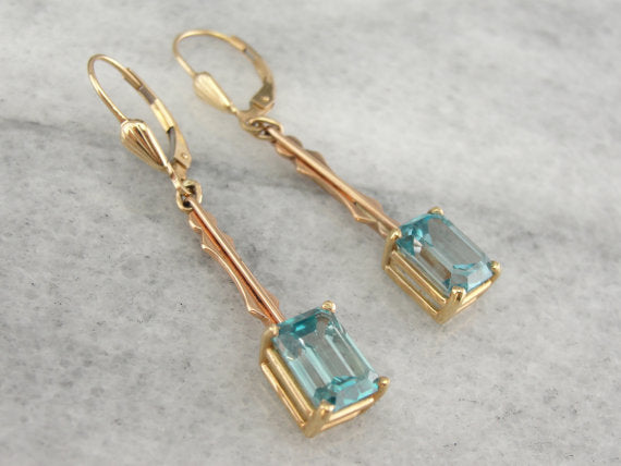 Emerald Cut Blue Zircon Gold Bar Drop Earrings