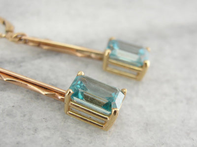 Emerald Cut Blue Zircon Gold Bar Drop Earrings