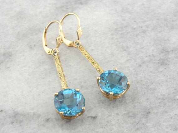 Gorgeous Blue Topaz Earrings, Antique Art Deco Drops, Pierced