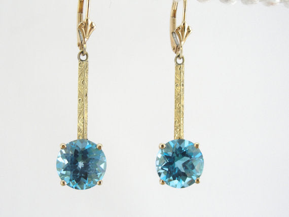 Gorgeous Blue Topaz Earrings, Antique Art Deco Drops, Pierced