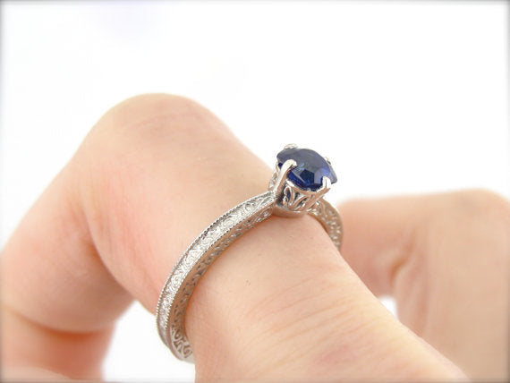 Vintage Palladium Engagement Ring with Cushion Cut Blue Sapphire