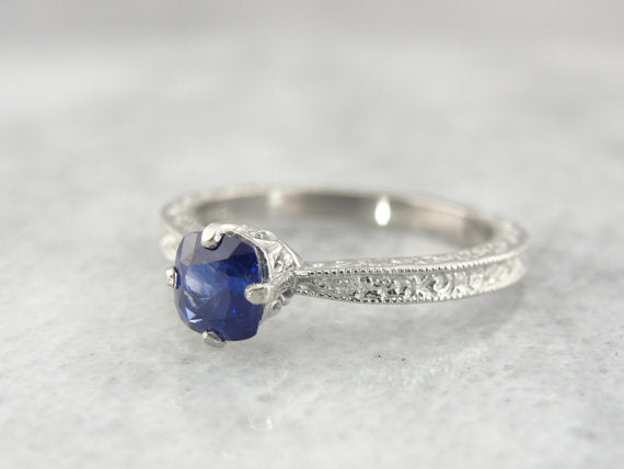 Vintage Palladium Engagement Ring with Cushion Cut Blue Sapphire