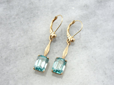 Blue Zircon and Rose Gold, Art Deco Drop Earrings