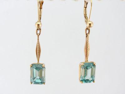 Blue Zircon and Rose Gold, Art Deco Drop Earrings