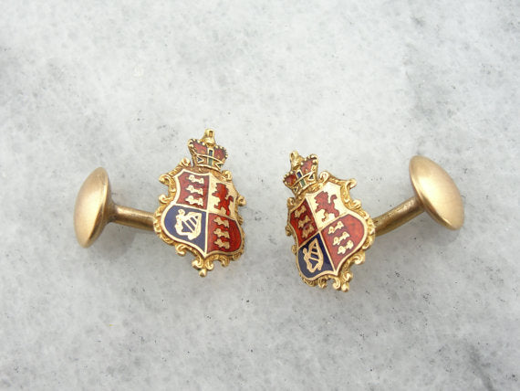 Enamel Crest and Fine Gold Cufflinks