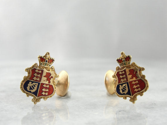 Enamel Crest and Fine Gold Cufflinks