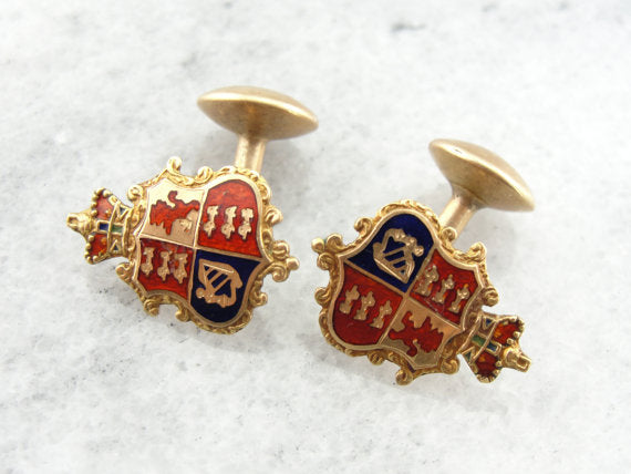Enamel Crest and Fine Gold Cufflinks