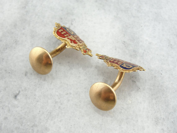 Enamel Crest and Fine Gold Cufflinks