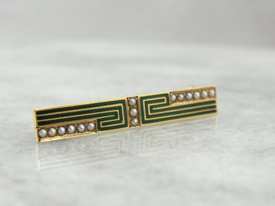 Antique 18K Gold Bar Pin Brooch with Greek Key Enamel