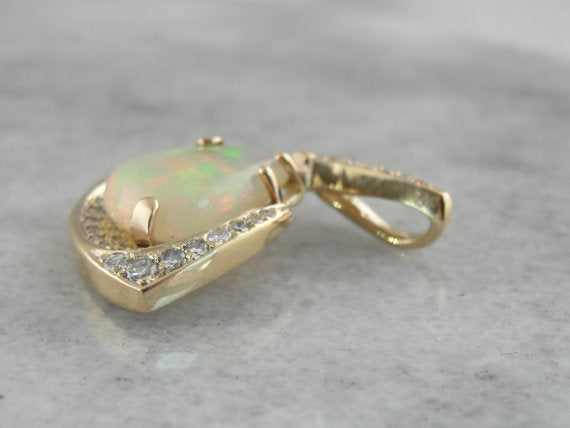 Ethiopian Opal Pendant in Modernist Gold and Diamond Frame