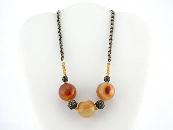 Antique Sterling Silver Bold Carnelian, Citrine A. Elyse Design Beaded Necklace