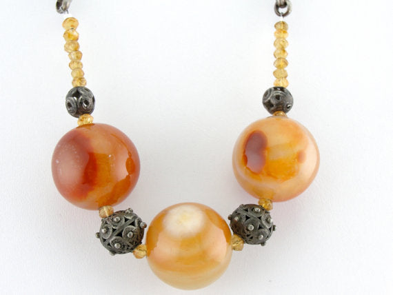Antique Sterling Silver Bold Carnelian, Citrine A. Elyse Design Beaded Necklace