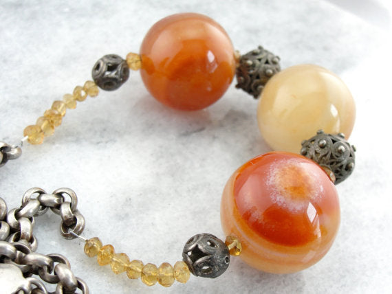 Antique Sterling Silver Bold Carnelian, Citrine A. Elyse Design Beaded Necklace