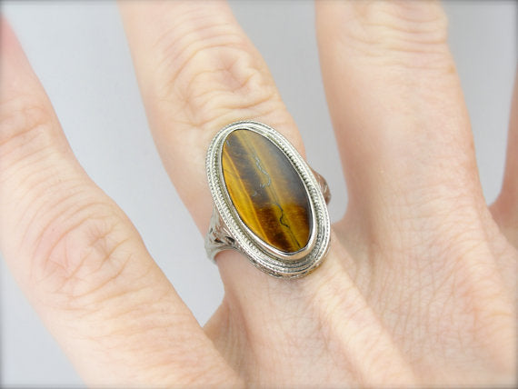 Tiger's Eye Art Deco Filigree Ring