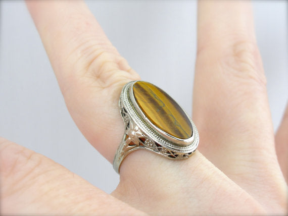 Tiger's Eye Art Deco Filigree Ring