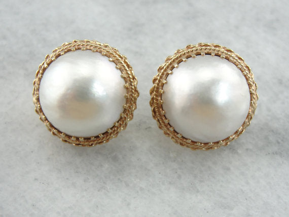 Bold and Beautiful Mabe Pearl Earrings in Fine Gold