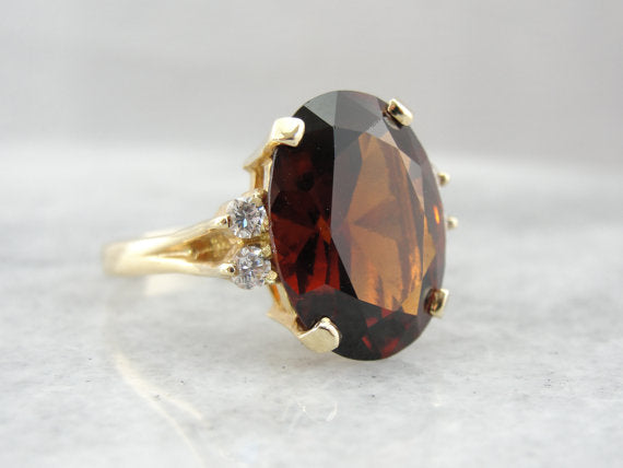Classic Ring with Fine Hessonite Garnet and Diamonds