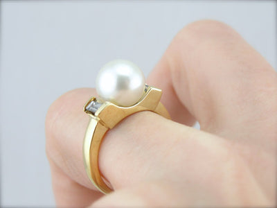 Pearl and Baguette Diamond Cocktail Ring