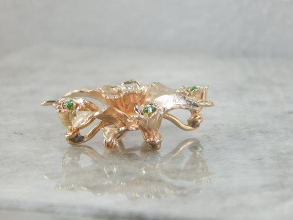 Mid-Century Diamond and Demantoid Garnet Flower Brooch
