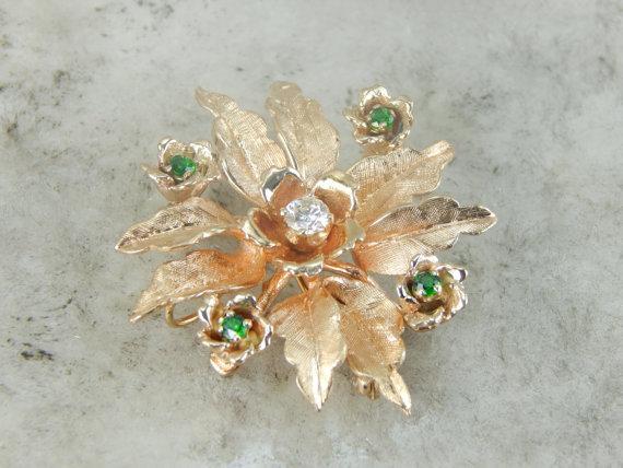 Mid-Century Diamond and Demantoid Garnet Flower Brooch