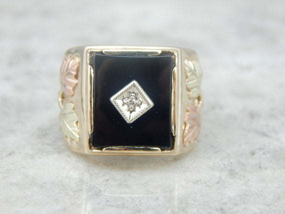 Black Hills Gold Onyx and Diamond Ring