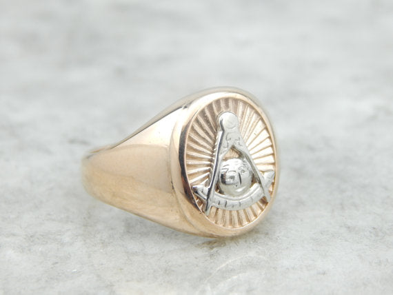 Large Retro Era Masonic Signet Ring in Rose and White Gold