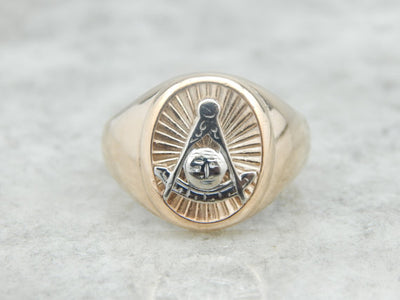 Large Retro Era Masonic Signet Ring in Rose and White Gold
