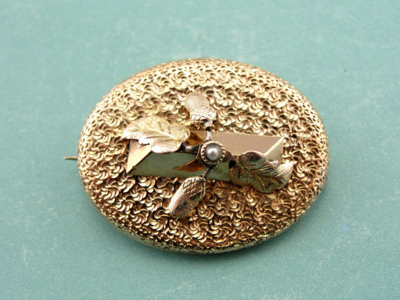 Victorian Acorn and Leaves Brooch with Seed Pearl Detail