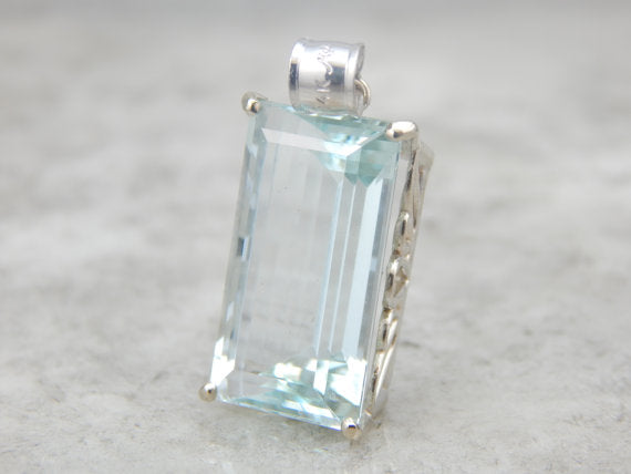 Substantial Blue Aquamarine Pendant with Filigree Detail