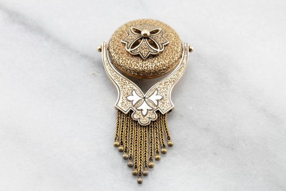 Victorian Black Enamel Swiveling Tassel Gold Brooch