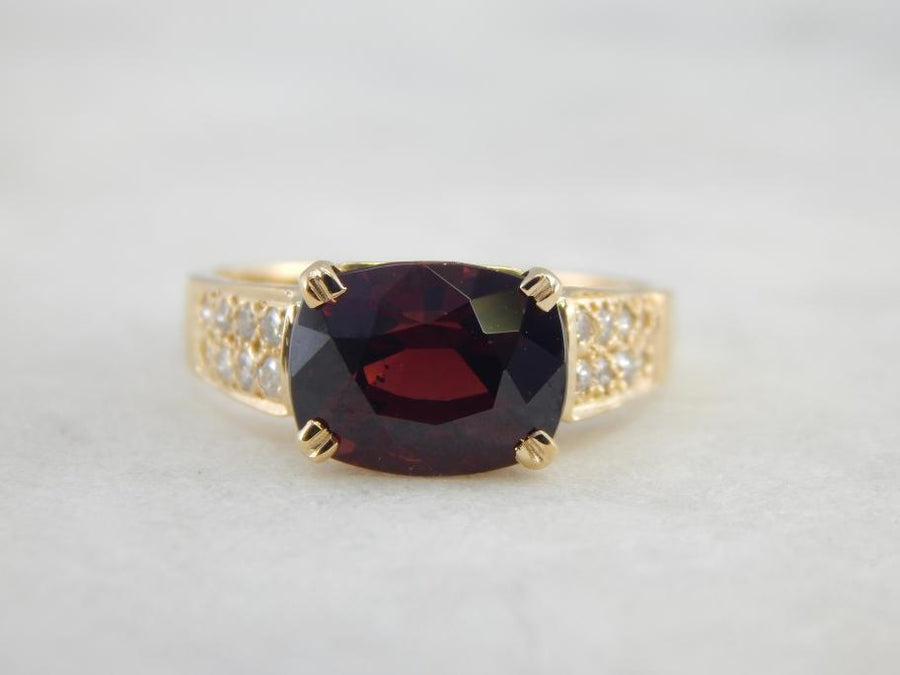 Deep Red Pyrope Garnet, Pave Diamonds and Gold Cocktail Ring