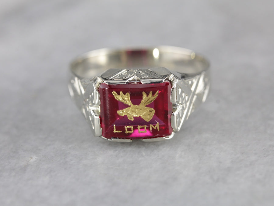 Vintage Loyal Order of Moose Ruby Glass Fraternal Ring