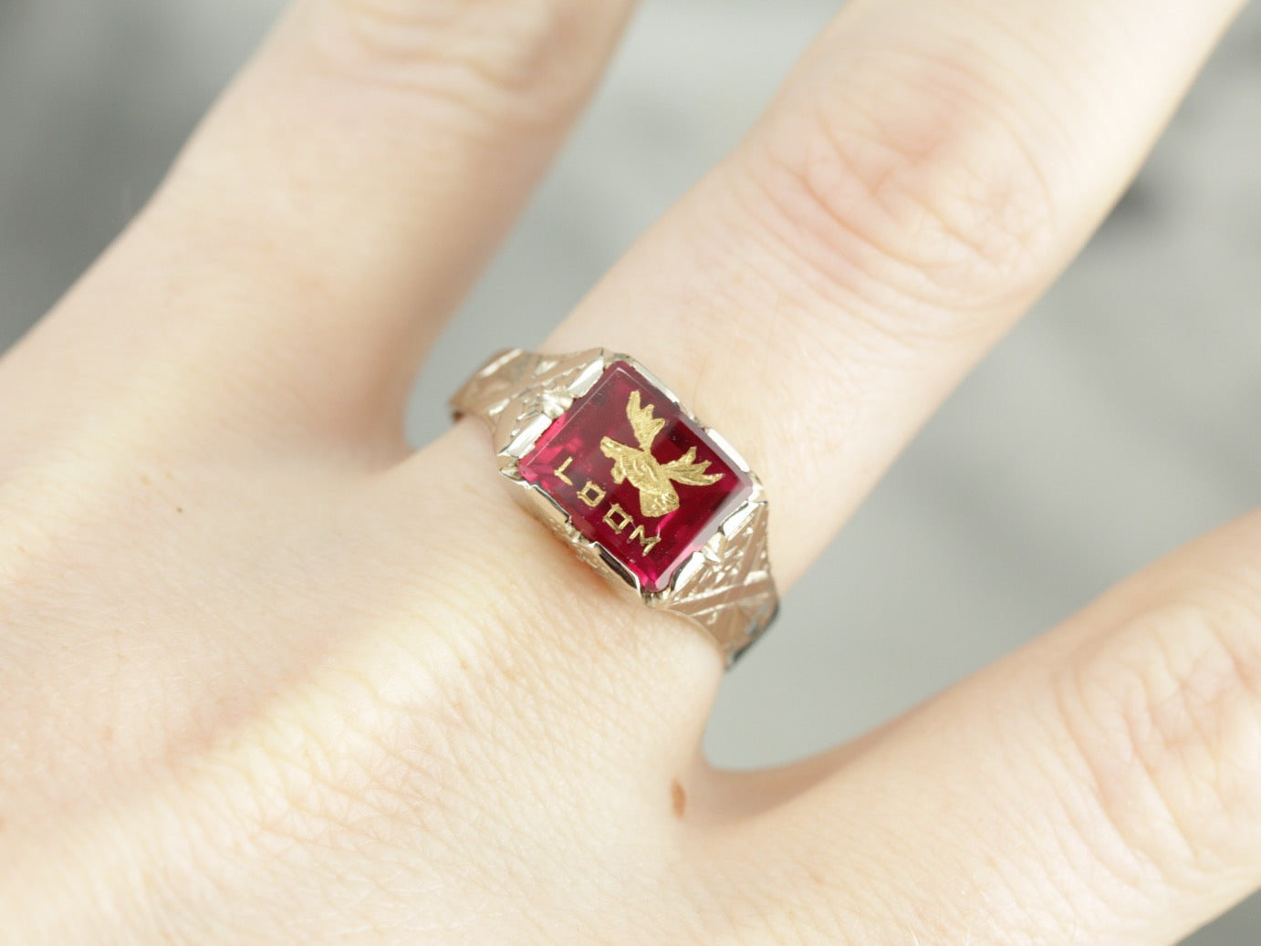 Vintage Loyal Order of Moose Ruby Glass Fraternal Ring