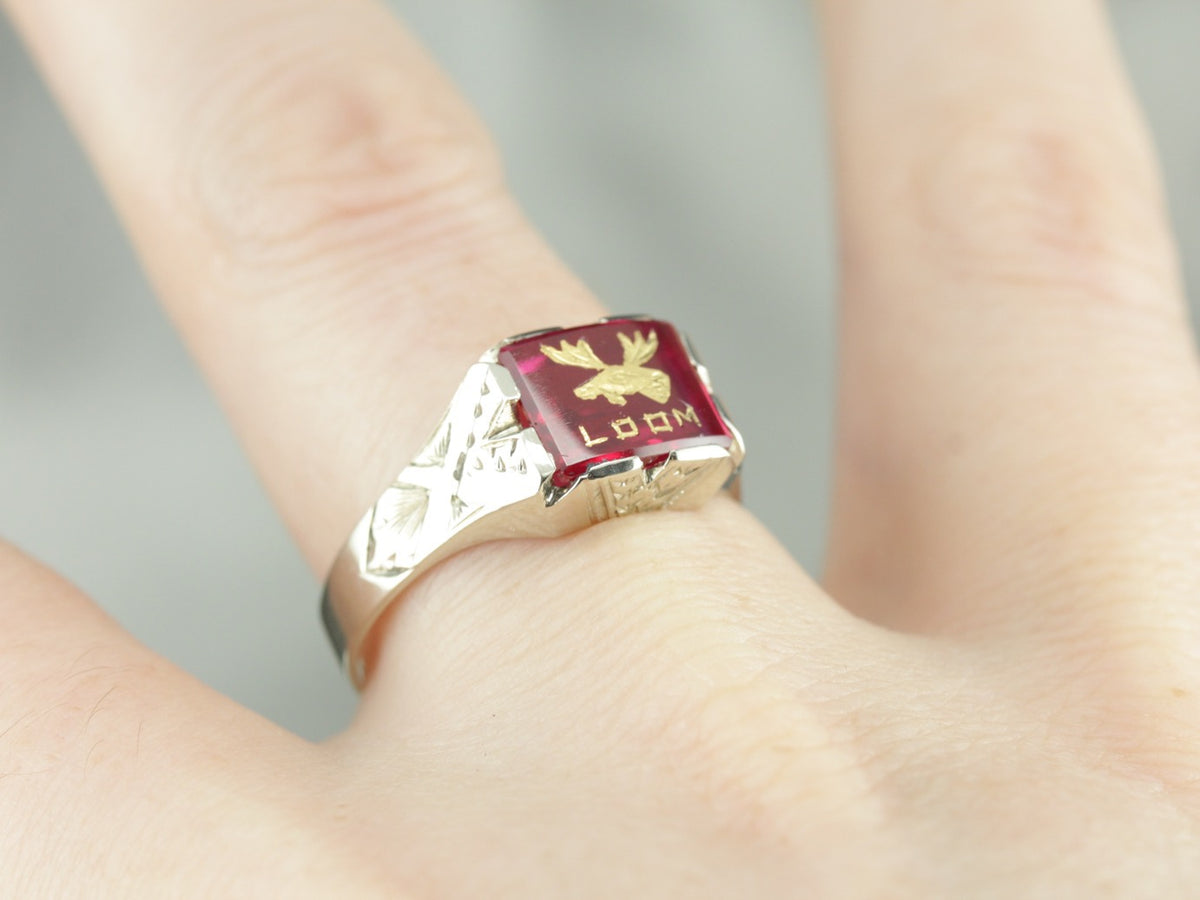 Vintage Loyal Order of Moose Ruby Glass Fraternal Ring