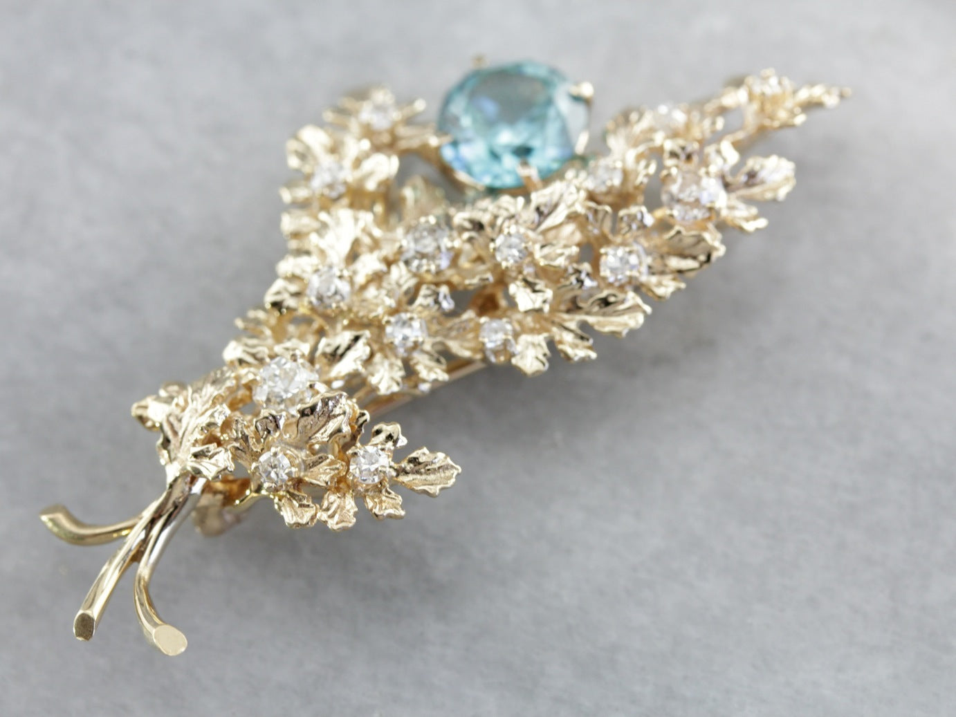 Vintage Glittering Floral Blue Zircon and Diamond Brooch