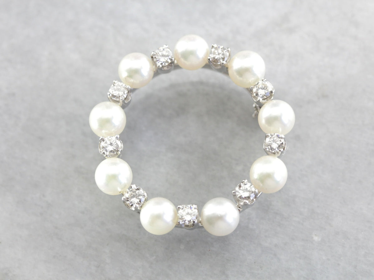 Elegant Vintage Pearl and Diamond Circle Pin
