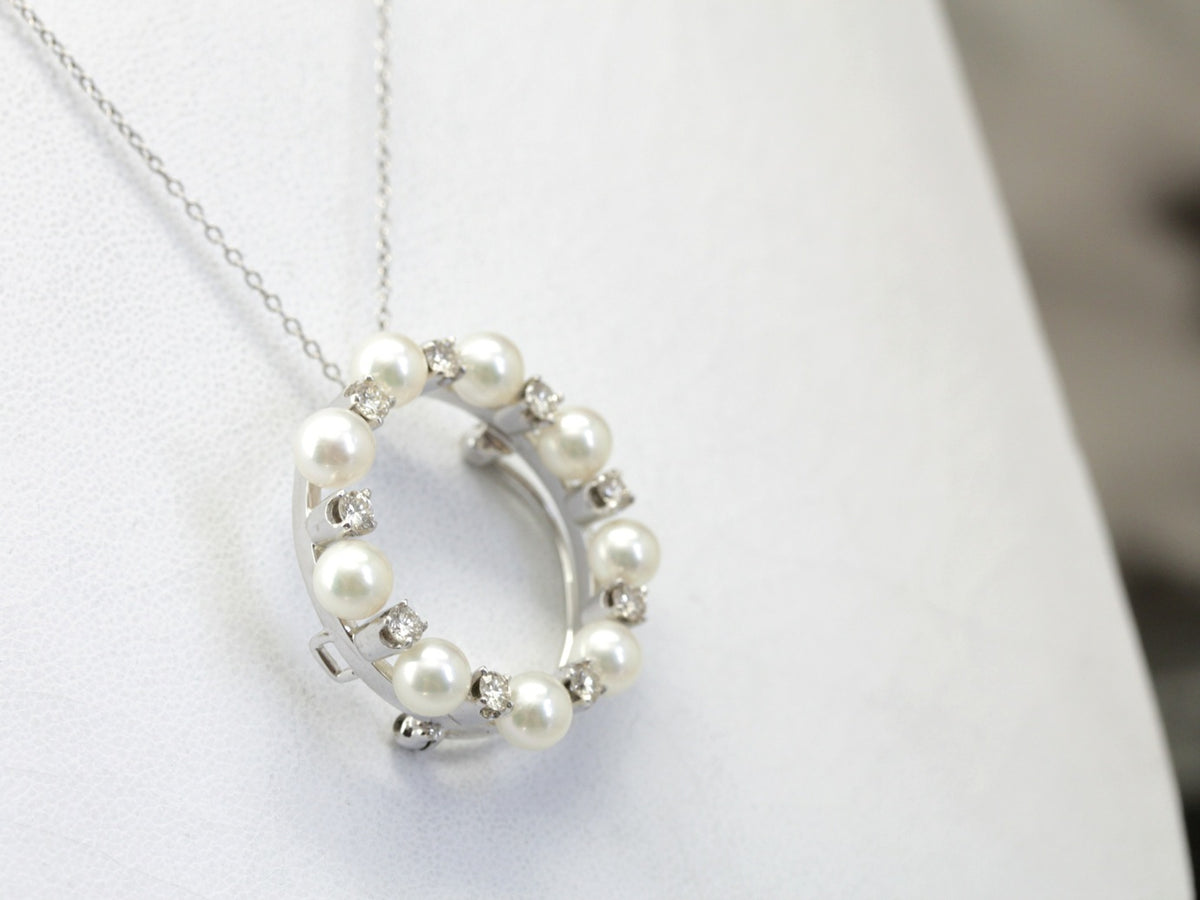 Elegant Vintage Pearl and Diamond Circle Pin