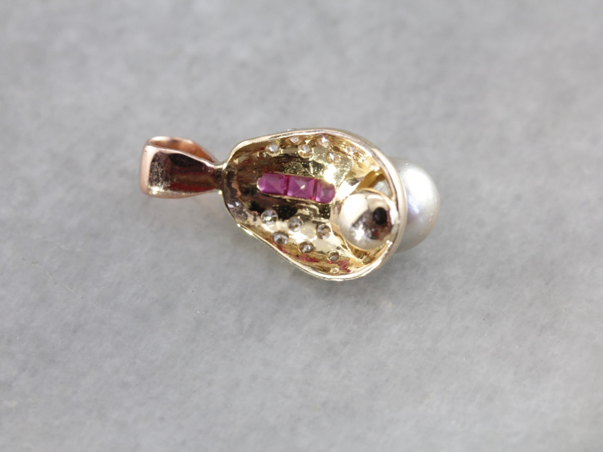 Unique Pearl Diamond and Ruby Pendant