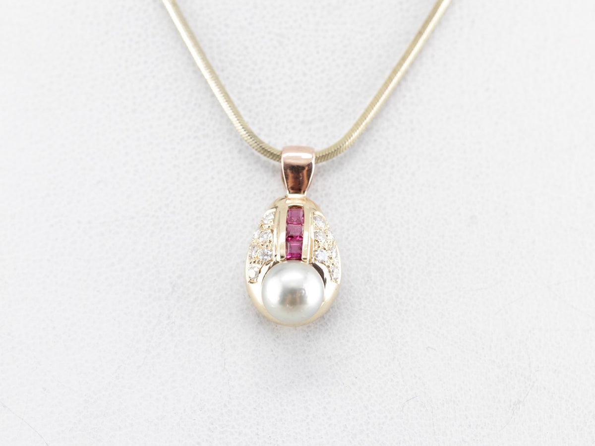 Unique Pearl Diamond and Ruby Pendant