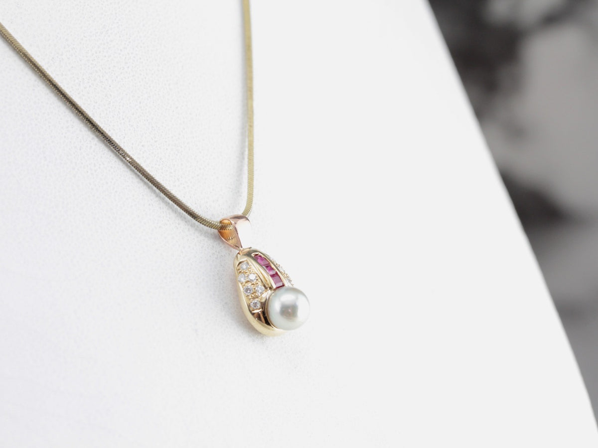 Unique Pearl Diamond and Ruby Pendant
