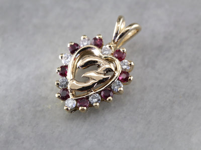Monogram "F" Ruby Diamond Heart Gold Signet Pendant