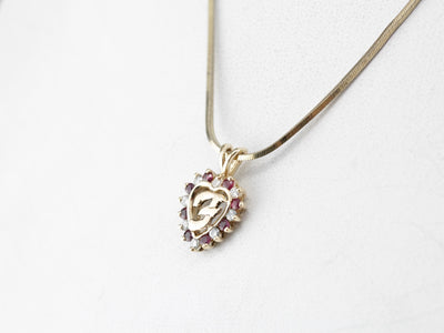 Monogram "F" Ruby Diamond Heart Gold Signet Pendant